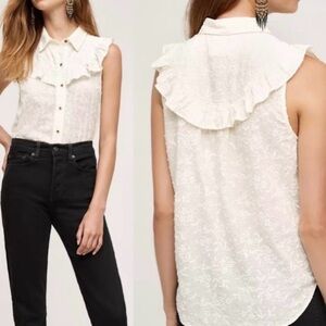 Anthropologie Maeve Windflower Ruffle Sleeveless Ivory Button Blouse Size 6